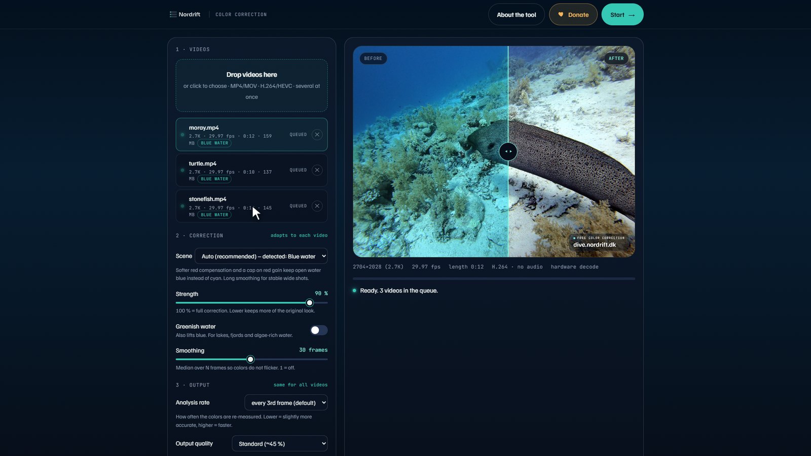 Three videos queued with detected scene badges and a before/after preview of a moray eel
